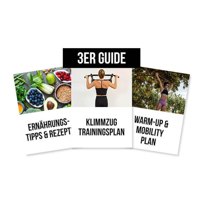Das Guide Bundle mit 10-Wochen-Trainingsplan, Warm-up & Mobility Plan und Ernährungs-Guide gibt dir die Struktur für deinen Trainingsfortschritt – von der ersten Übung bis zum sauberen Klimmzug.
