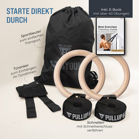 Ensemble barre de traction & anneaux de gymnastique en bois