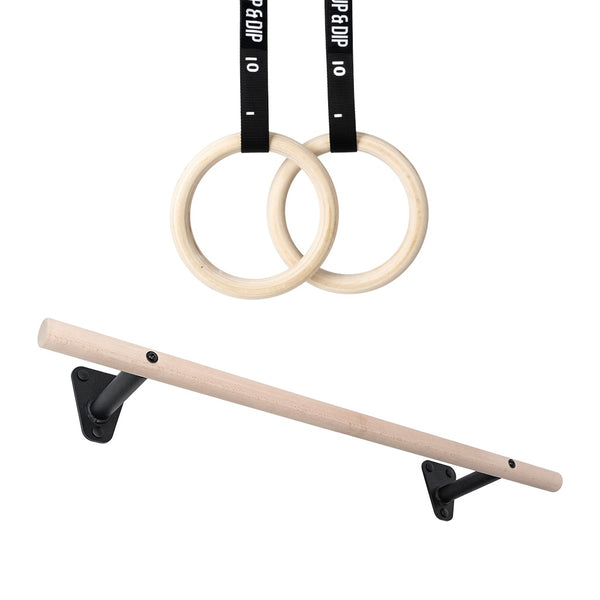 Ensemble barre de traction & anneaux de gymnastique en bois